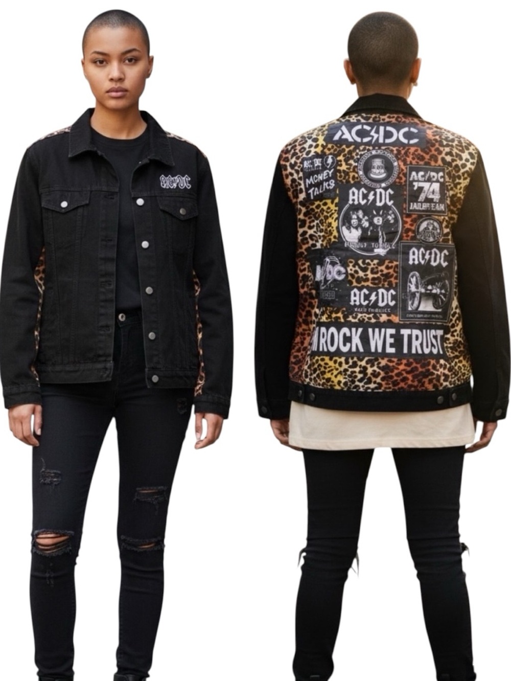AC/DC Black Denim Jacket Leopard Collage Back Size L